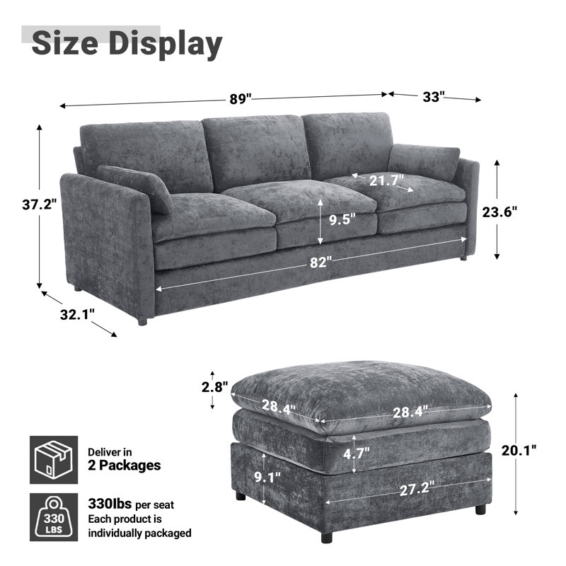 Drago 2 Pieces L-shaped Upholstered Living Room Set With Ottomans, Gray