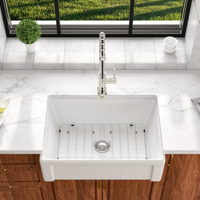 30" L Fireclay White Ceramic Single Bowl Reversible Apron-Front/ Framhouse Kitchen Sink with Sink Gird