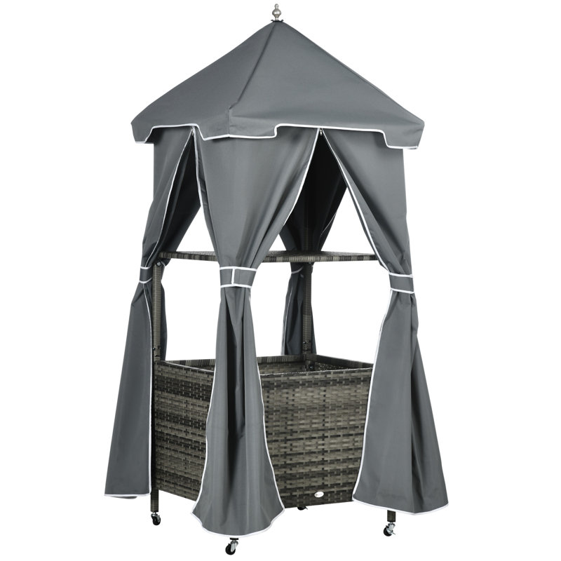 Outsunny Outdoor Towel Valet Caddy, Covered Poolside Towel Holder Rack, Shelf, Basket, Rolling PE Rattan Wicker Storage On Wheels, Gray
