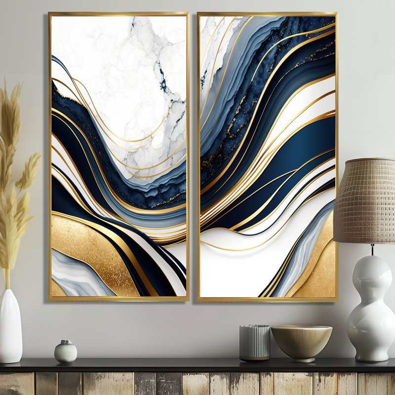 «Abstract Geode Waves Blue and Gold III», art mural abstrait sur toile 2 pièces, H 32 po x l 32 po, Doré
