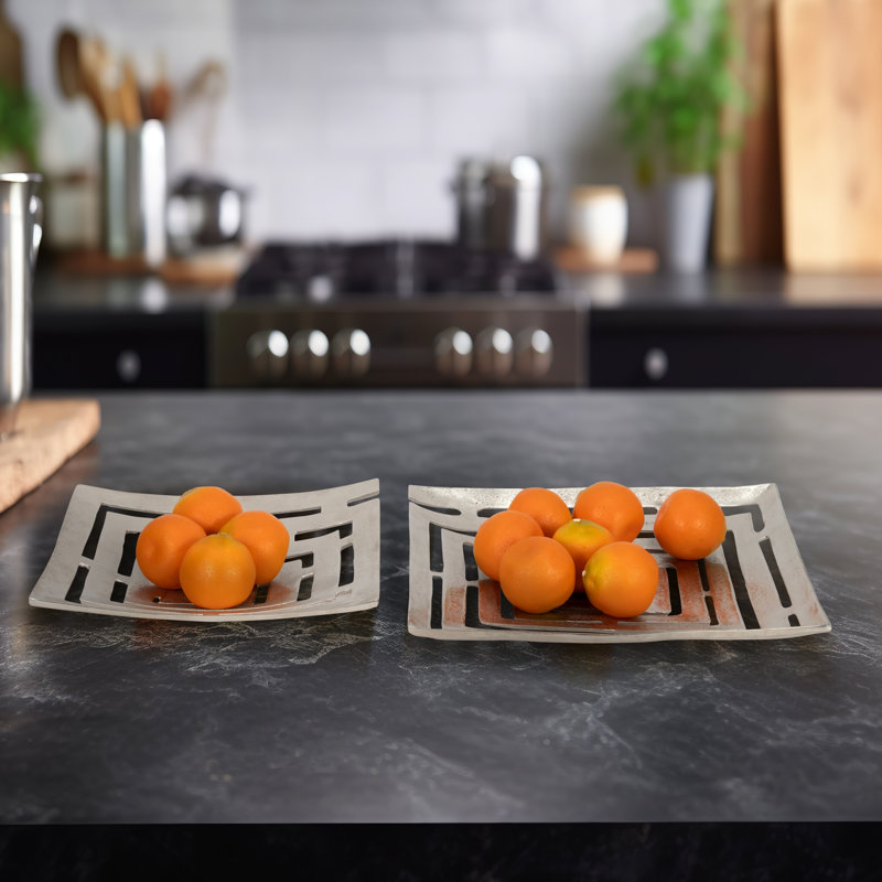 Modern Metal Aluminum Tray and Plate Set with Decorative Cut-Out Design, Contemporary Square Style Accent Display, Durable Lightweight Structure, Nesting Plate for Versatile Styling Set of 2