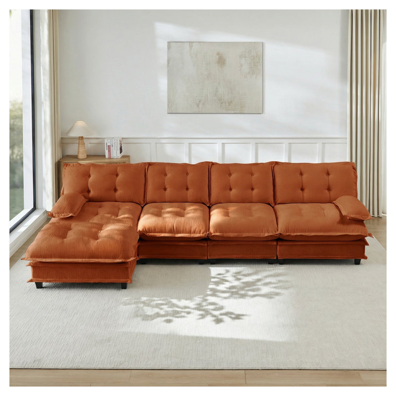 Canapé modulaire en L orange avec repose-pieds et coussins de siège en treillis orange, Chenille orange