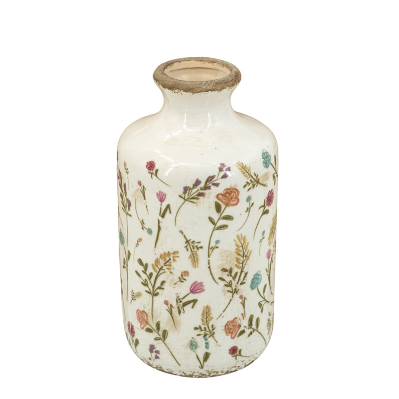 D4.3X8.3" Ceramic Cylinder Vase With Multi-Coloured Floral Motifs