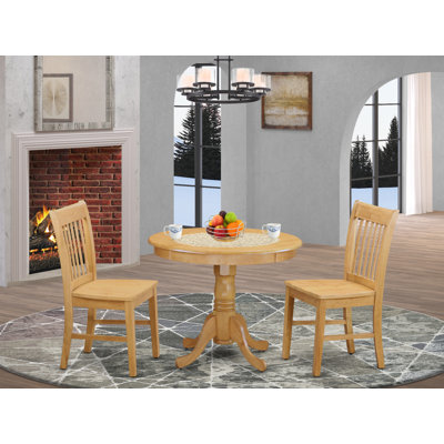 3 Piece Dining Room Table Set Contains a Round Wooden Table with Pedestal and 2 Kitchen Dining Chairs, 36x36 Inch, Oak