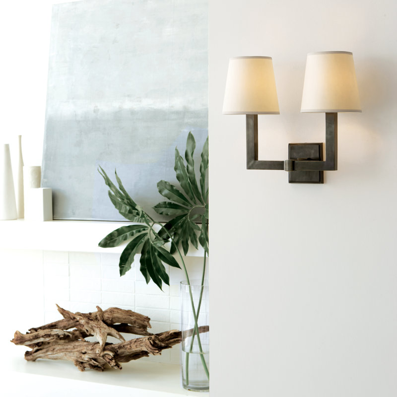 Chapman & Myers Square Tube Double Sconce, Hand-Rubbed Antique Brass, Fabric