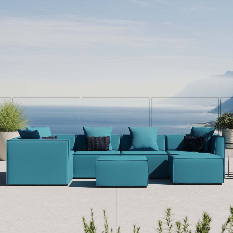 Saybrook Outdoor Patio Upholstered 7-Piece Sectional Sofa, Turquoise