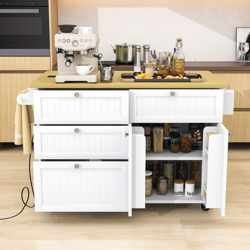 Rosauro Kitchen Islands with Storage Cabinet, 4 Drawers and Towel Rack, White