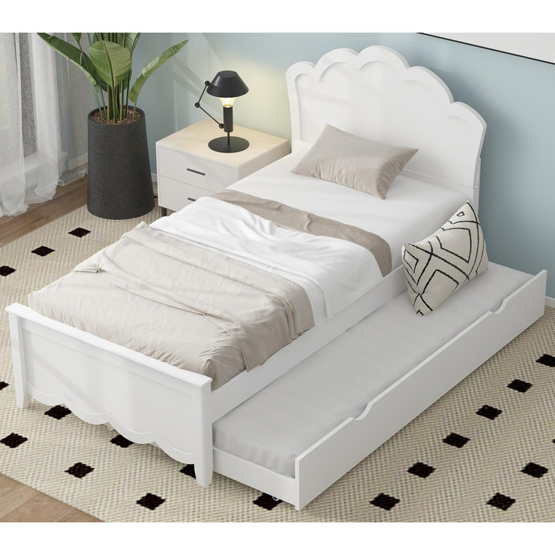 Twin Size Wood Platform Bed with Twin Size Trundleand and Headboard, Twin