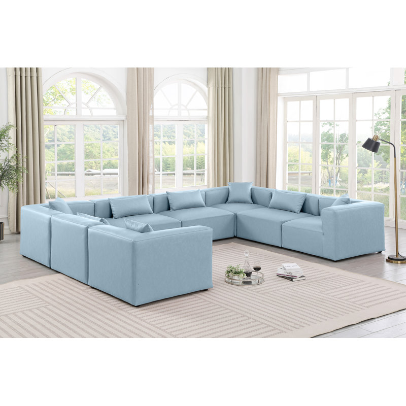 Canapé modulaire en similicuir de 8 pièces Ivion, Cuir végétalien bleu clair