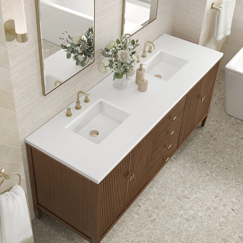 Myrrin 72'' W Double Vanity, Mid-Century Walnut, White Zeus, 8" Widespread