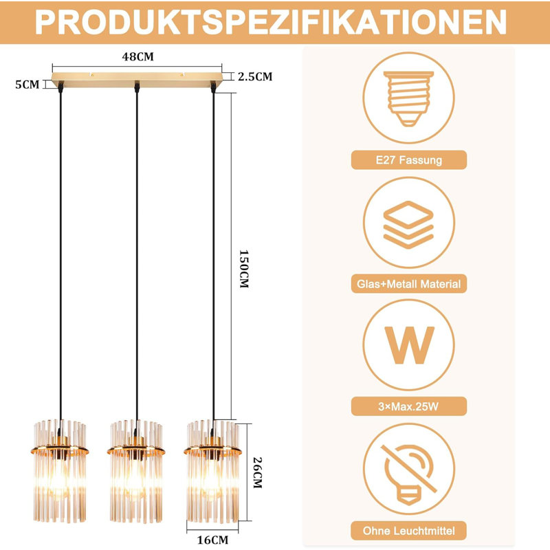 3 - Light Glass Cylinder Pendant, Gold
