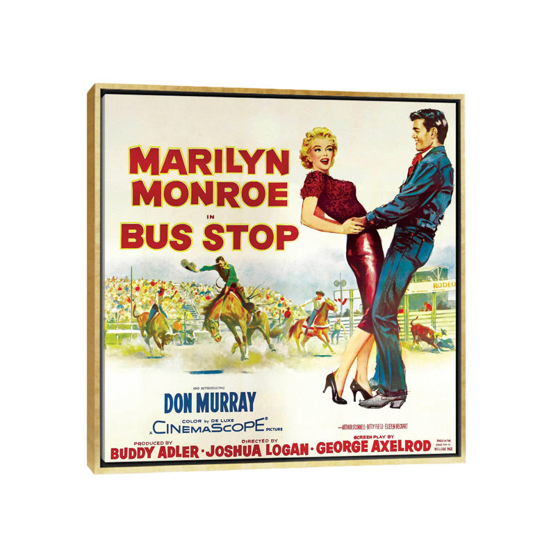 Arrêt de bus (scène de rodéo) - Publicité imprimée, Aucun mat, H 26 po x l 26 po x P 1,5 po, Toile encadrée d'or