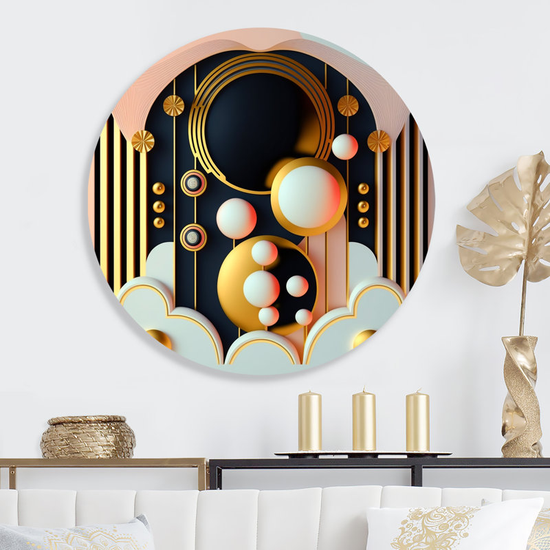 Golden Consciousness Rising I - Art mural rond abstrait moderne sur métal, L 16 po x H 16 po