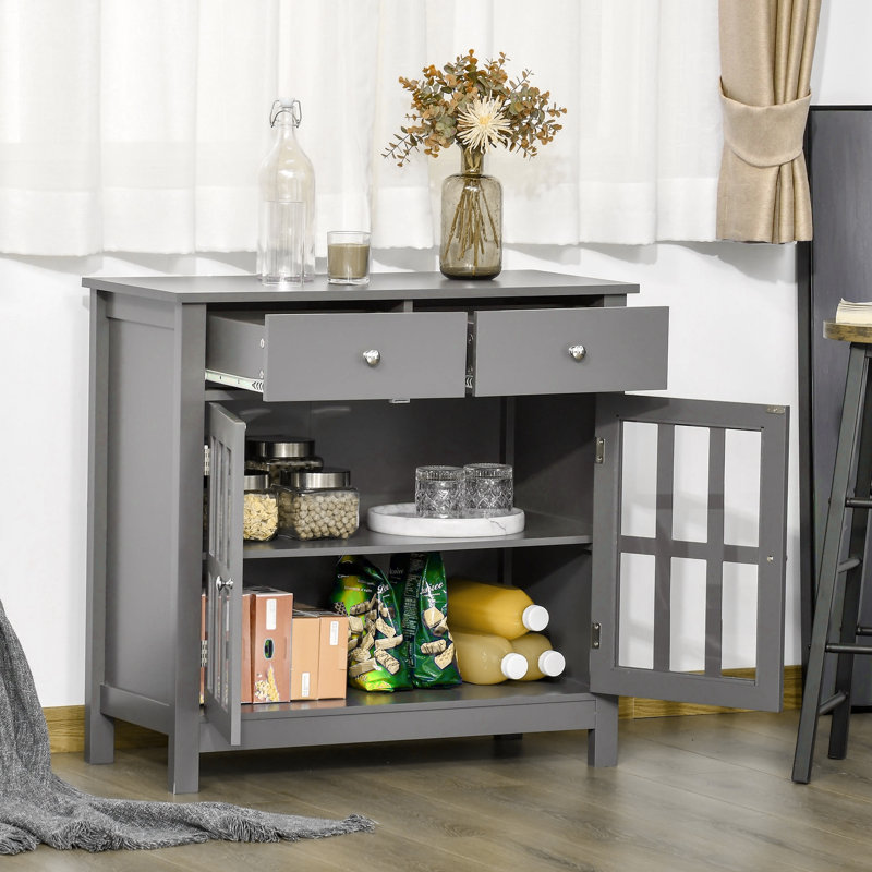 Audel Kitchen Cabinet with 2 Drawers and Glass Doors,Dining cabinet,Office credenza , Gray