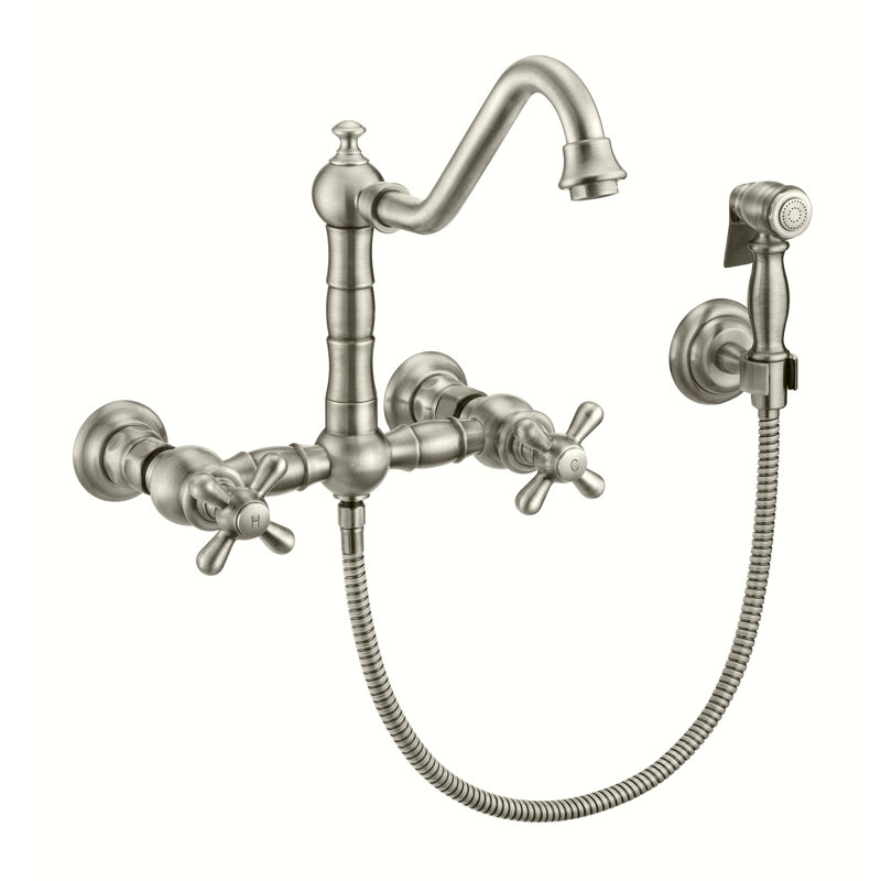 Whitehaus Wall Mount Faucet with Long Traditional Swivel Spout and Solid Brass Side Spray, Brushed Nickel, Lever