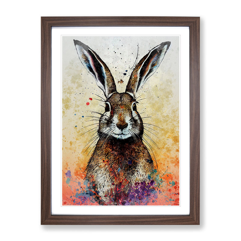 Colourful Watercolour Hare No.1 - Single Picture Frame Print, 64cm H x 46cm W x 2cm D, Walnut