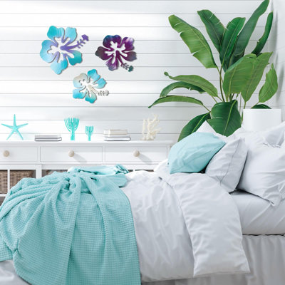 Ensemble de 3 décorations murales tropicales hawaïennes, bleu et violet, hibiscus, style rustique, en métal, avec des fleurs d'hibiscus estivales. Plaque décorative vintage représentant une plante. Parfait pour la maison, la salle de bain ou le bureau.