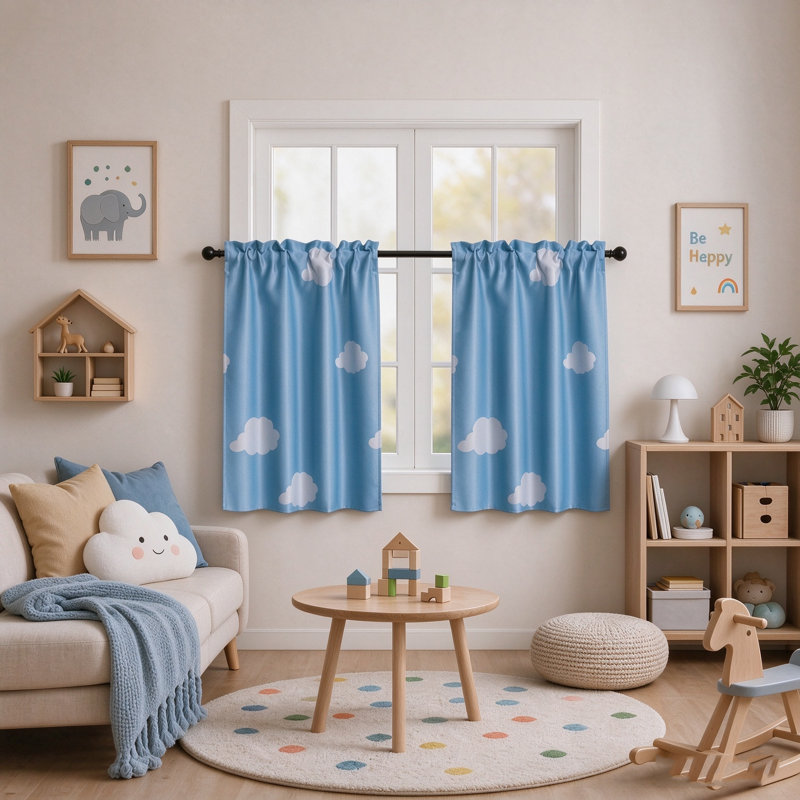 Cloud Pattern Blackout Kitchen Curtain 3‑Piece Set, 54"W x 18"L+26"W x 30"L  (Pack of 3)