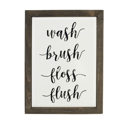 Wash Brush Floss Flush Wooden Frame Enamel Wall Art - 16" x 12" - White, Brown
