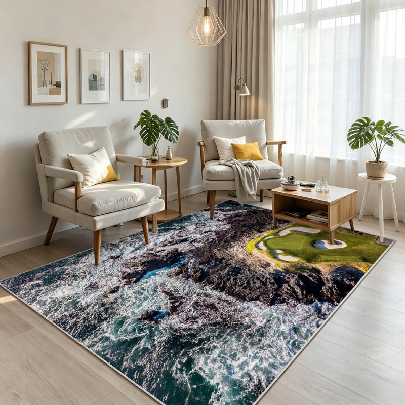 Tapis d'intérieur transparent lavable à la machine, de terrain de golf avec vagues, Rectangle 71 po x 98 po