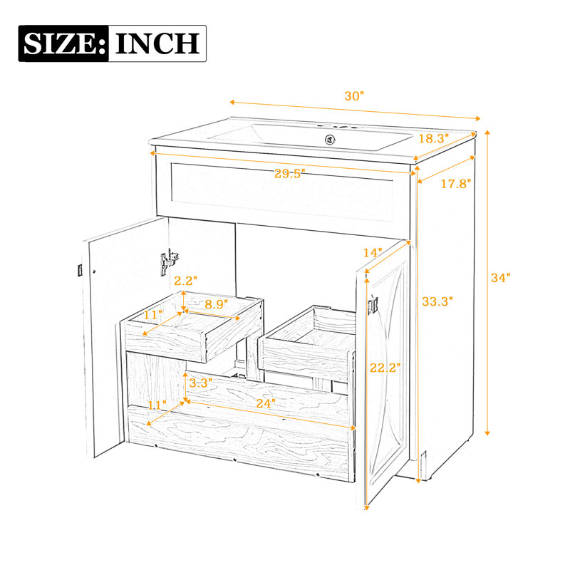 30'' Single Bathroom Vanity With Ceramic Top, White