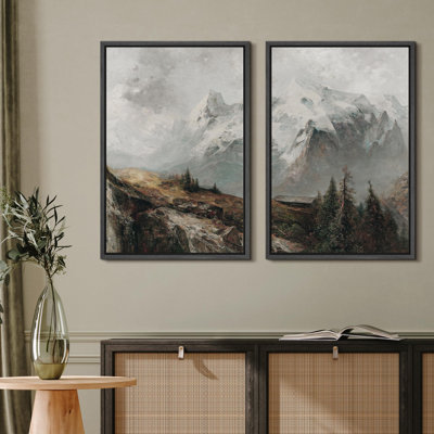 «Majestic Snow-Capped Mountains Alpine Wilderness Nature Wilderness Illustration Decor Scenic» 2 pièces