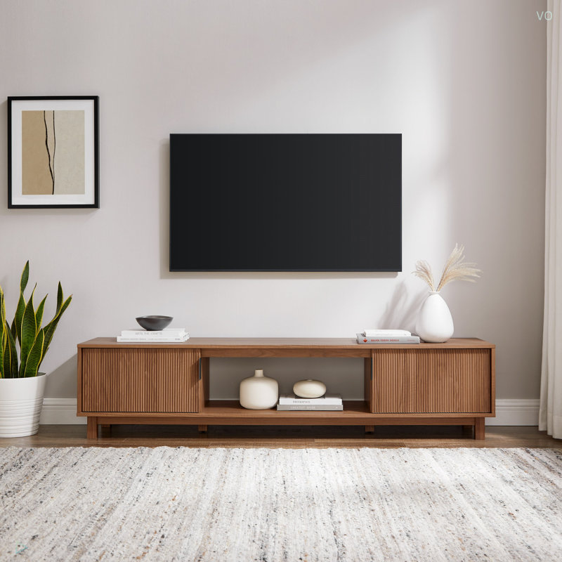 Meuble télé moderne avec porte cannelée minimaliste pour téléviseur de 80 po ou moins, Café