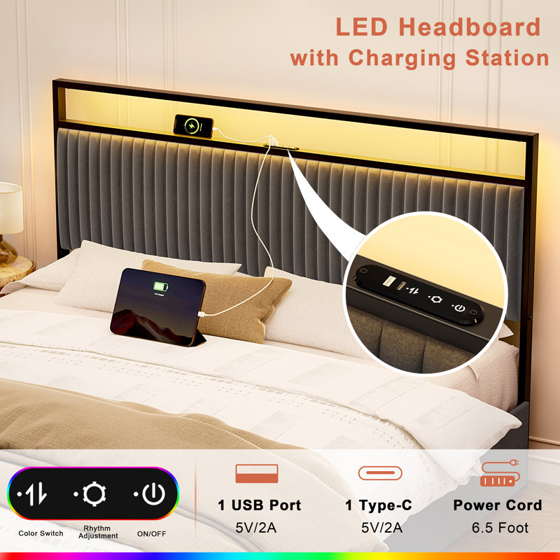 Antioch Upholstered Bed Frame with 2 Storage Drawers, Modern Platform Bed with Charging Station & LED Light, No Spring Box Needed