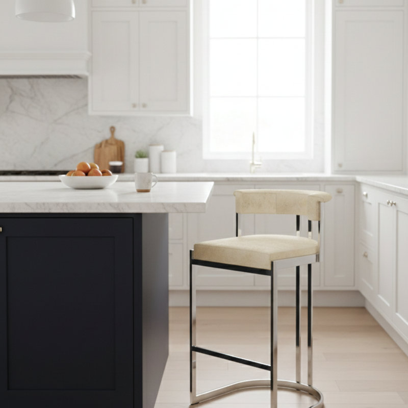 Tabouret de bar transitionnel en cuir de vache, Cuir véritable crème, Chrome