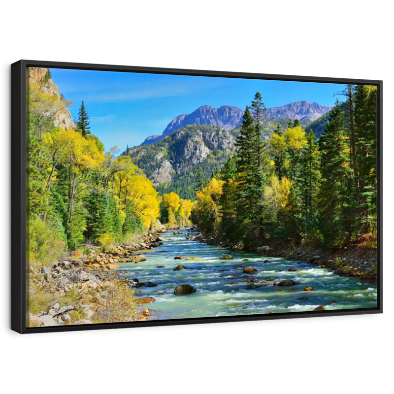 Montagne avec rivière, Cadre flottant noir, 13 po x 9 po