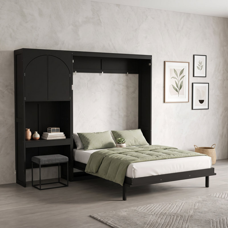 Grand lit escamotable avec bureau intégré, armoire de rangement, DEL, tiroirs et tablettes ouvertes, Black