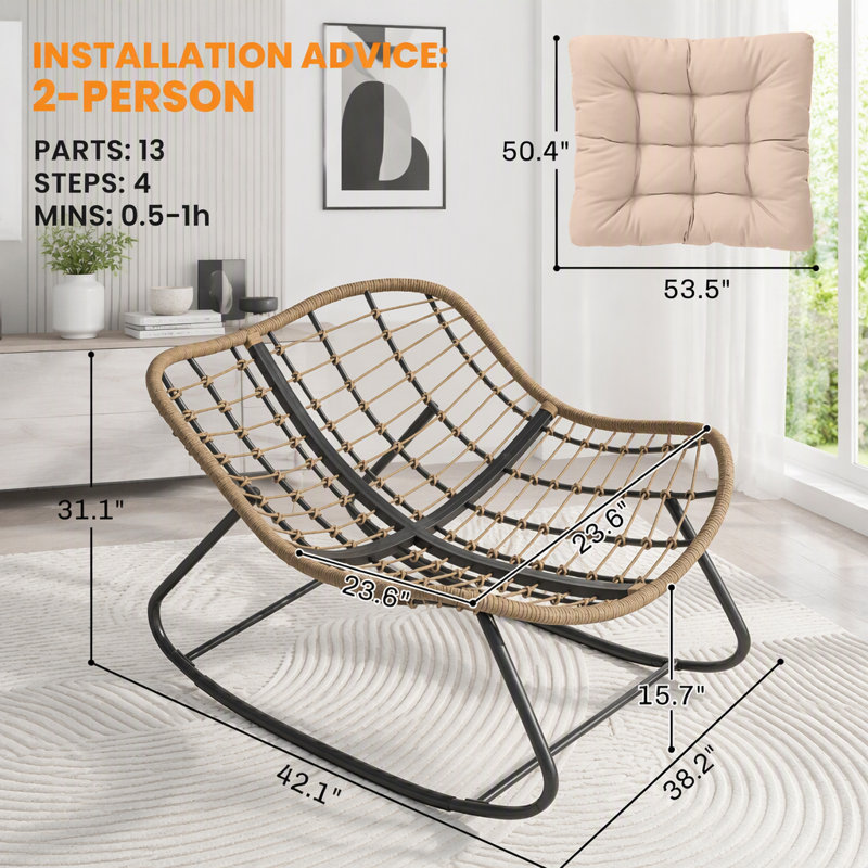 Fauteuil à bascule Papasan Outsunny, chaise berçante Papasan surdimensionnée en osier pour intérieur et extérieur avec coussin, fauteuils à bascule œuf d'extérieur en rotin PE