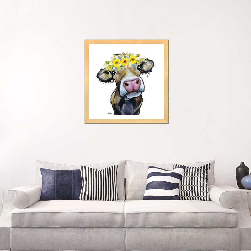 Brun noisette avec couronne de fleurs de tournesol par hippie Hound studios-impression, Toile avec cadre en bois beige, Blanc