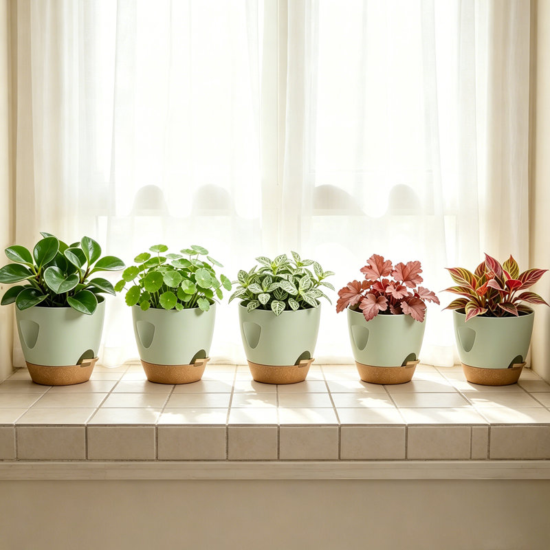 Paquet de 5 pots de fleurs en plastique avec réservoir d'eau et mèche, Green
