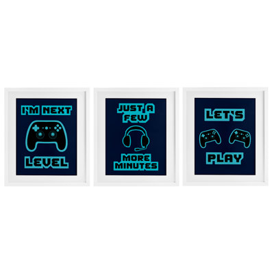 Ensemble de 3 impressions encadrées sous verre rétro Blue Gaming Words, design par Marcus Prime