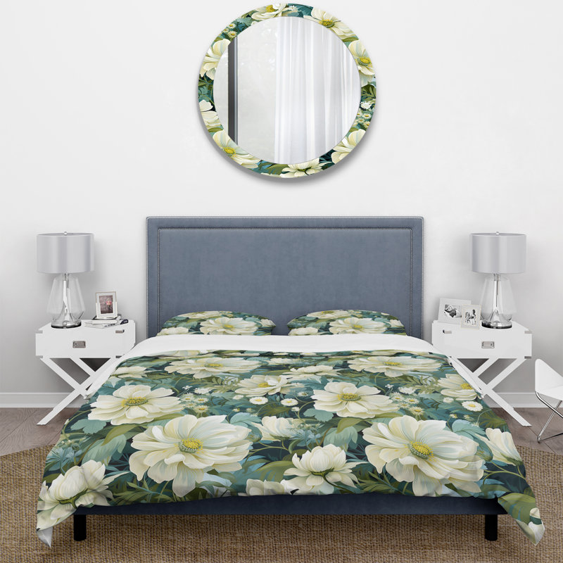 Impressionist Greenery Botanical Pattern II Floral Duvet Cover, King Duvet Cover + 2 King Shams