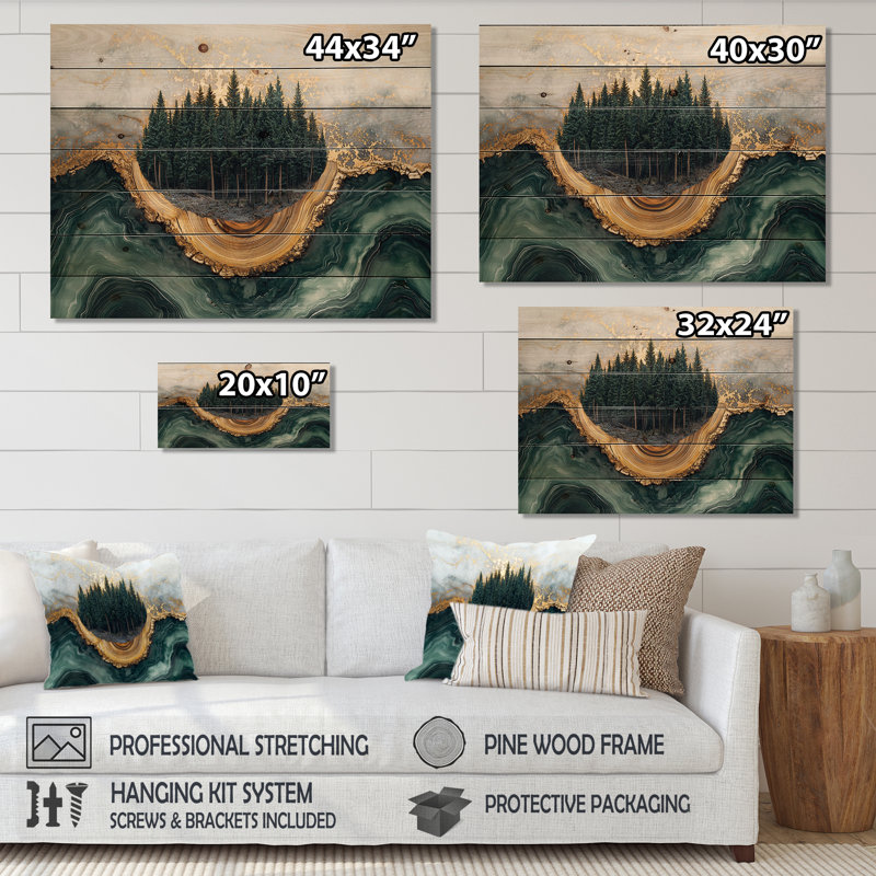 Paysage de forêt de pins sur l'horizon d'émeraude II - Art mural en bois de forêt - sur bois de pin naturel