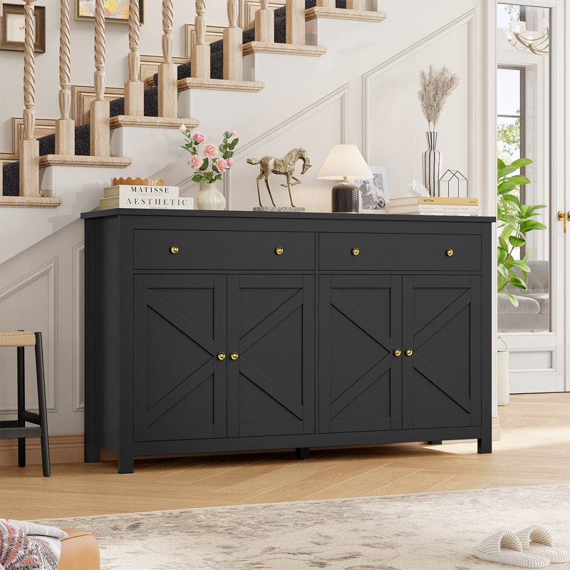 55" Farmhouse Console Table with Storage - Entryway Cabinet with Drawers & Adjustable Shelves for Hallway, Living Room, Black