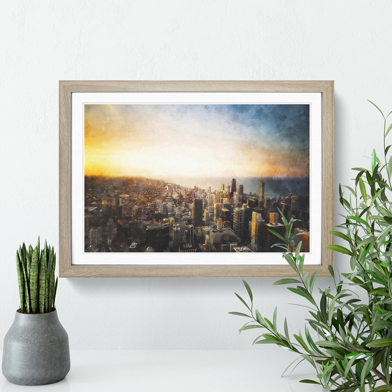 High over the Chicago Skyline - Picture Frame Painting Print, 45cm H x 63cm W x 2cm D, Oak Framed