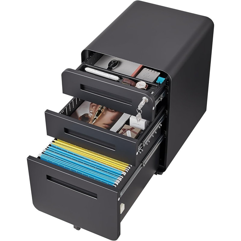 Black 3-Drawer Mobile File Cabinet – Lockable Under-Desk Metal Filing Cabinet for Home Office, Black