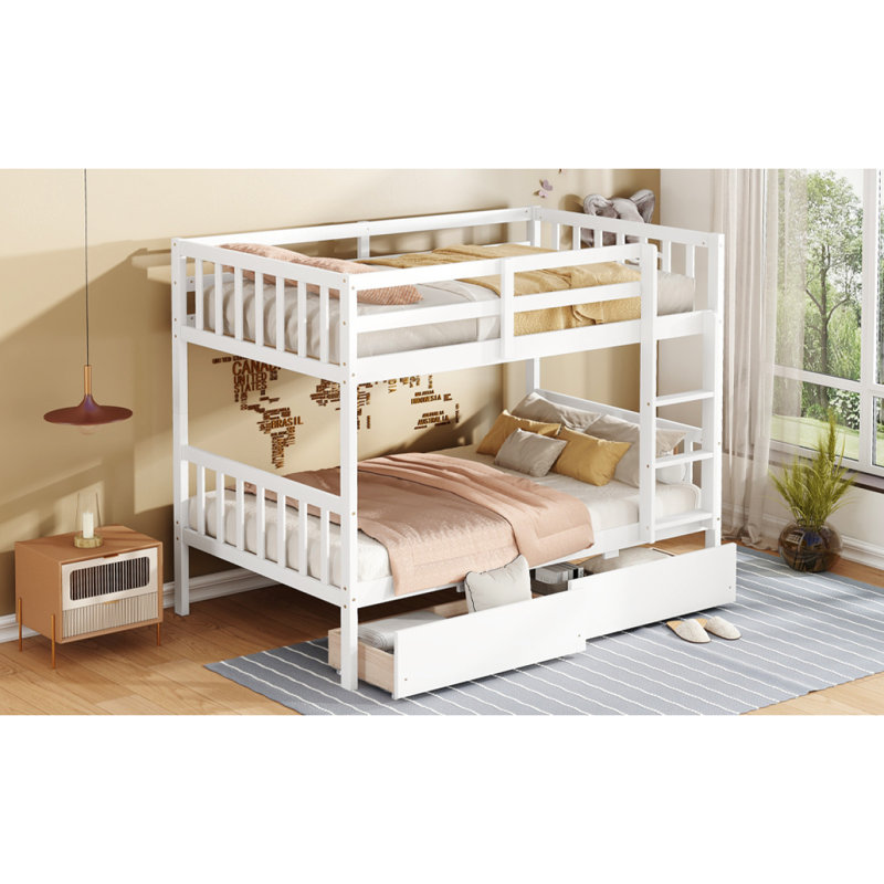Lit superposé simple en bois d'hévéa avec 2 tiroirs, convertible en 2 lits simples, lit superposé simple avec échelle et garde-corps, gris