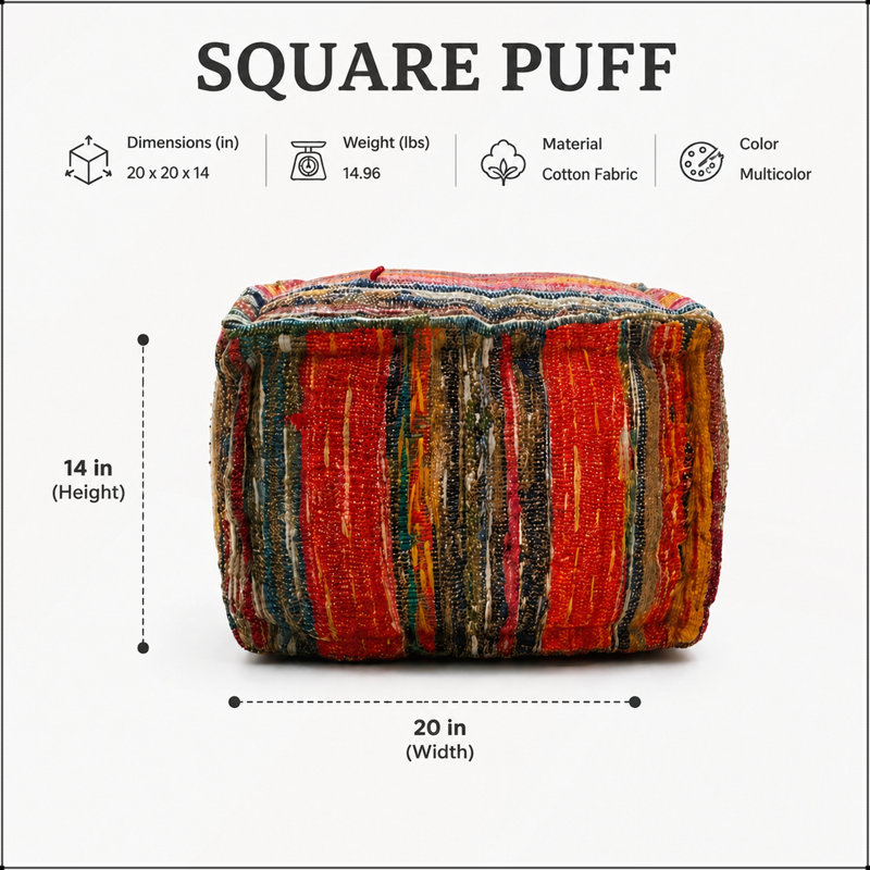 Pouf carré Boho fabriqué à la main, tissu Chindi multicolore, 20 x 20 x 14 pouces, confortable et élégant pour la maison