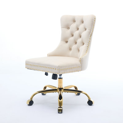 Furniture Office Chair,Modern Velvet Upholstered Tufted Button Office Chair with Golden Metal Base,Adjustable Desk Chair Swivel Office Chair (Pink) by Mercer41