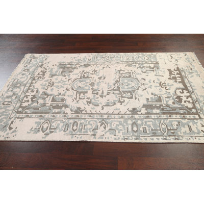 Tapis gris / ivoire noué à la main de conception unique 5 pi x 7 pi 10 po New Age