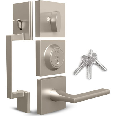 Mega Handles Tobelle Reversible Entry Door Handle Set with Single Cylinder Deadbolt and Lever – Modern Handle for Front, Garage, or Interior Doors