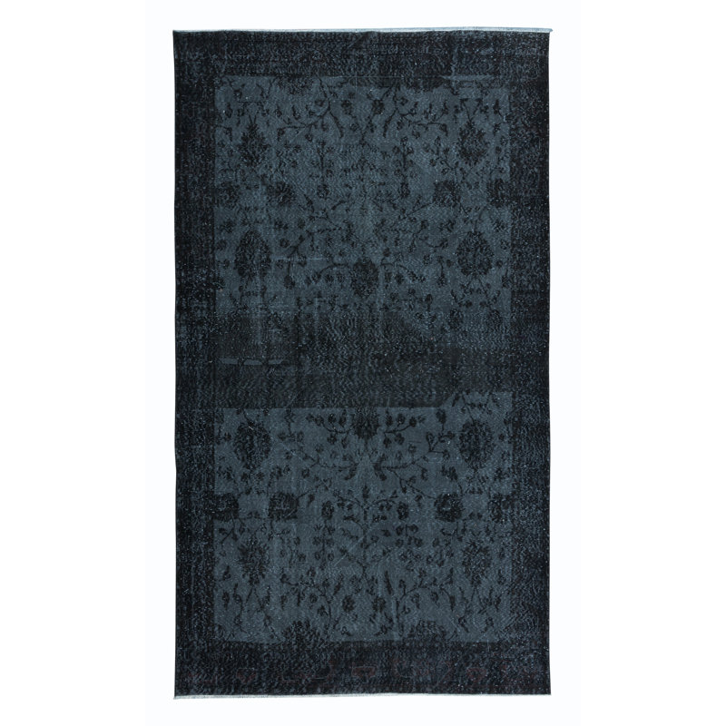 Tapis noir en laine 5,5 x 9,8 pi pour intérieurs modernes, noué à la main en Turquie
