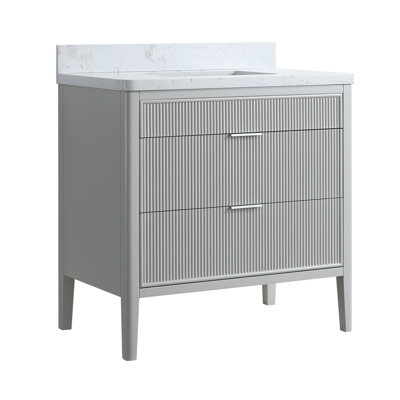Meuble-lavabo autoportant de 36 po entièrement assemblé avec structure en bois massif et plateau en marbre d'ingénierie