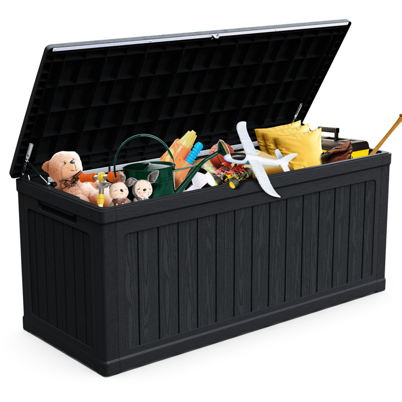 260 Gallon Waterproof Black Deck Box, Double - Construction For Long Term Outdoor Storage, Ideal Gardening Tools And Can Be An Extra Seating Wall Build Longevity, Good Pool Supplies A Bench