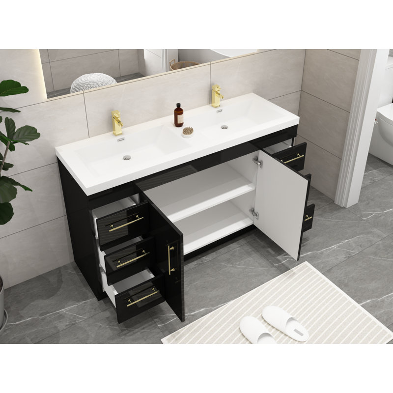 Ensemble de meuble-lavabo double 60 po Carliss, Noir, Or