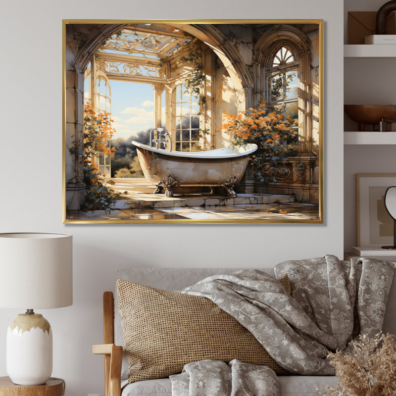 Salle de bain Golden Luxe I - Art mural de salle de bain, Cadre flottant doré, H 24 po x l 32 po x P 1 po
